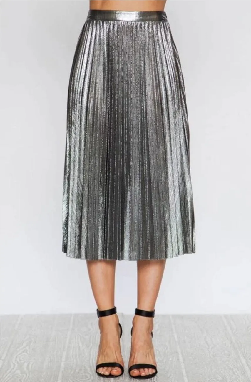 Esperanza Metallic Silver Pleated Midi Skirt