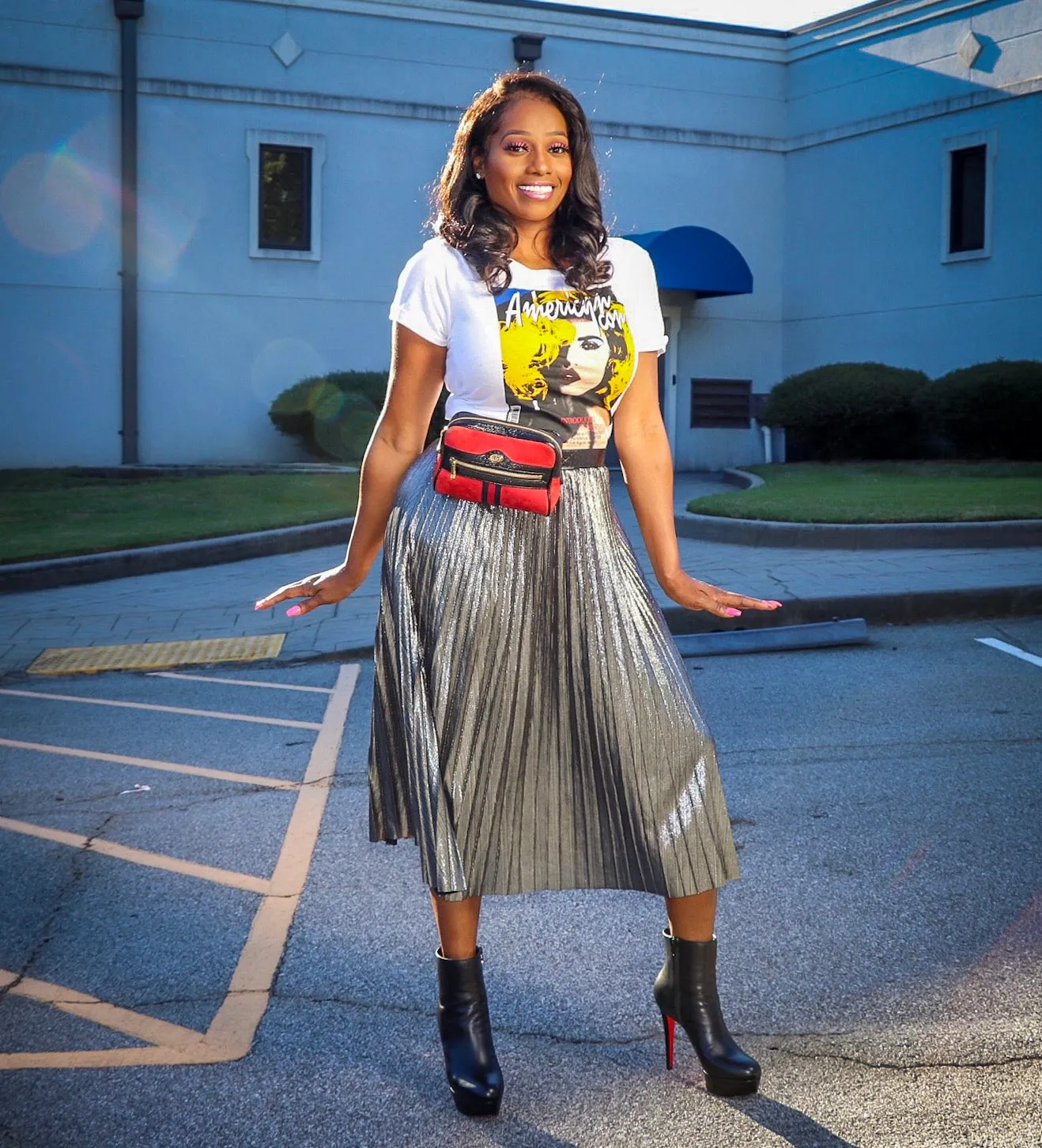 Esperanza Metallic Silver Pleated Midi Skirt