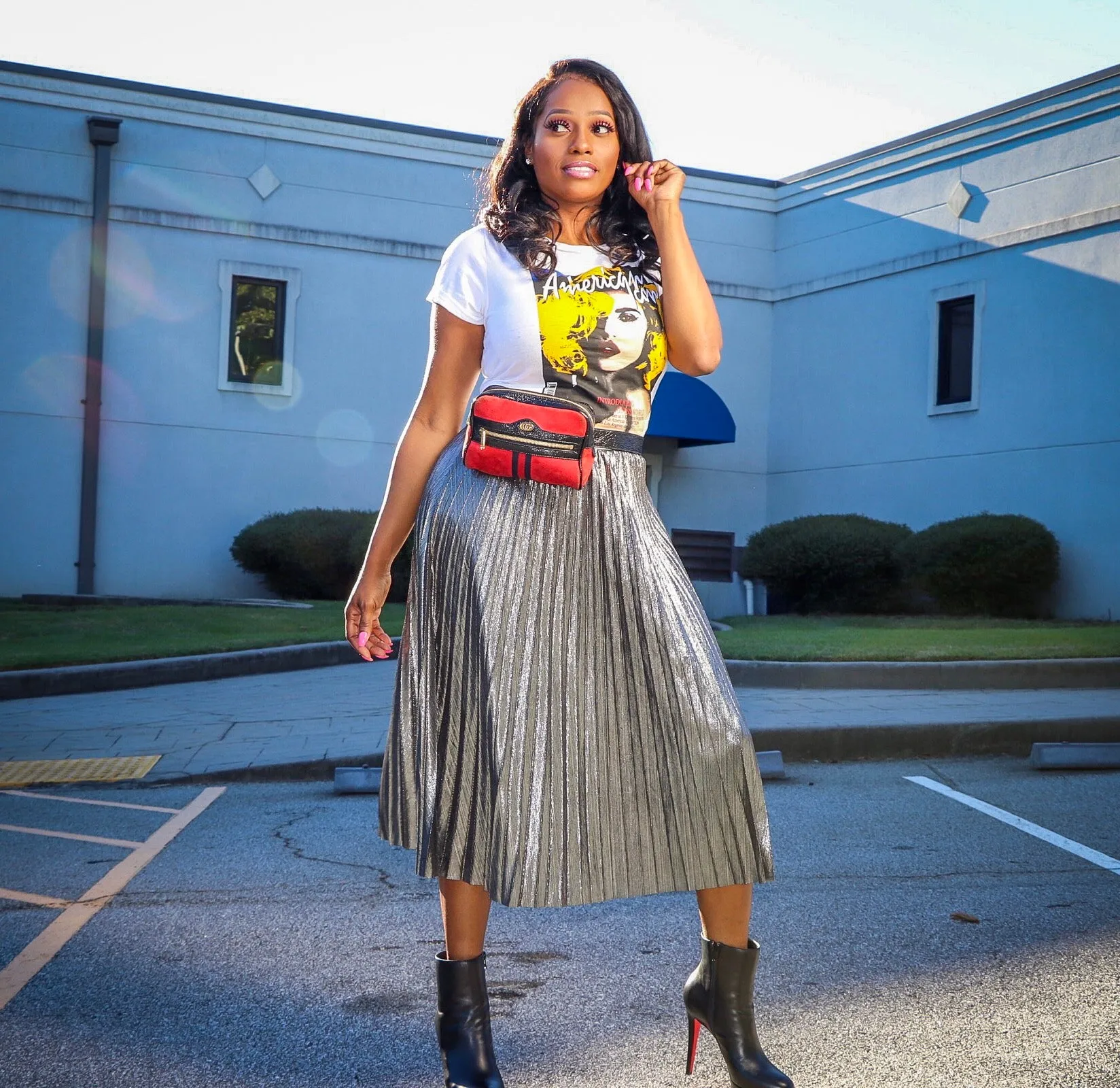 Esperanza Metallic Silver Pleated Midi Skirt