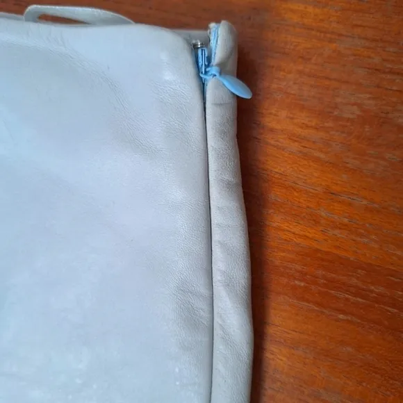 Esprit 90s Powder blue genuine leather satin lined mid rise A line raw hem skirt