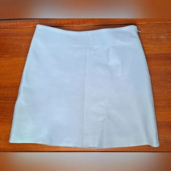 Esprit 90s Powder blue genuine leather satin lined mid rise A line raw hem skirt
