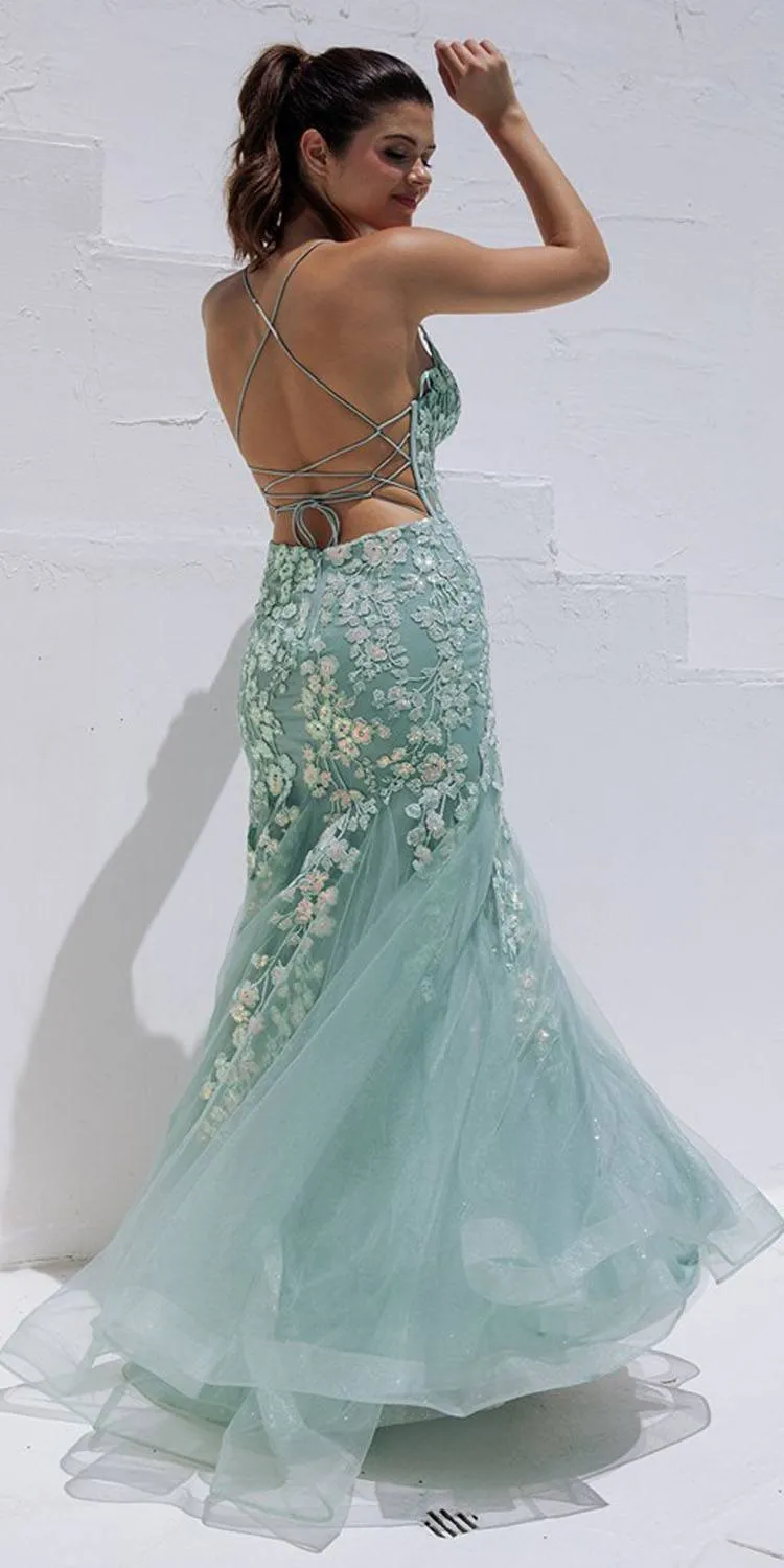 Eureka Fashion 9696 Long Mermaid Open Corset Back Iridescent Sequin Gown