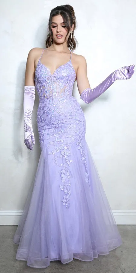 Eureka Fashion 9696 Long Mermaid Open Corset Back Iridescent Sequin Gown