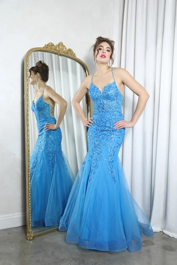 Eureka Fashion 9696 Long Mermaid Open Corset Back Iridescent Sequin Gown