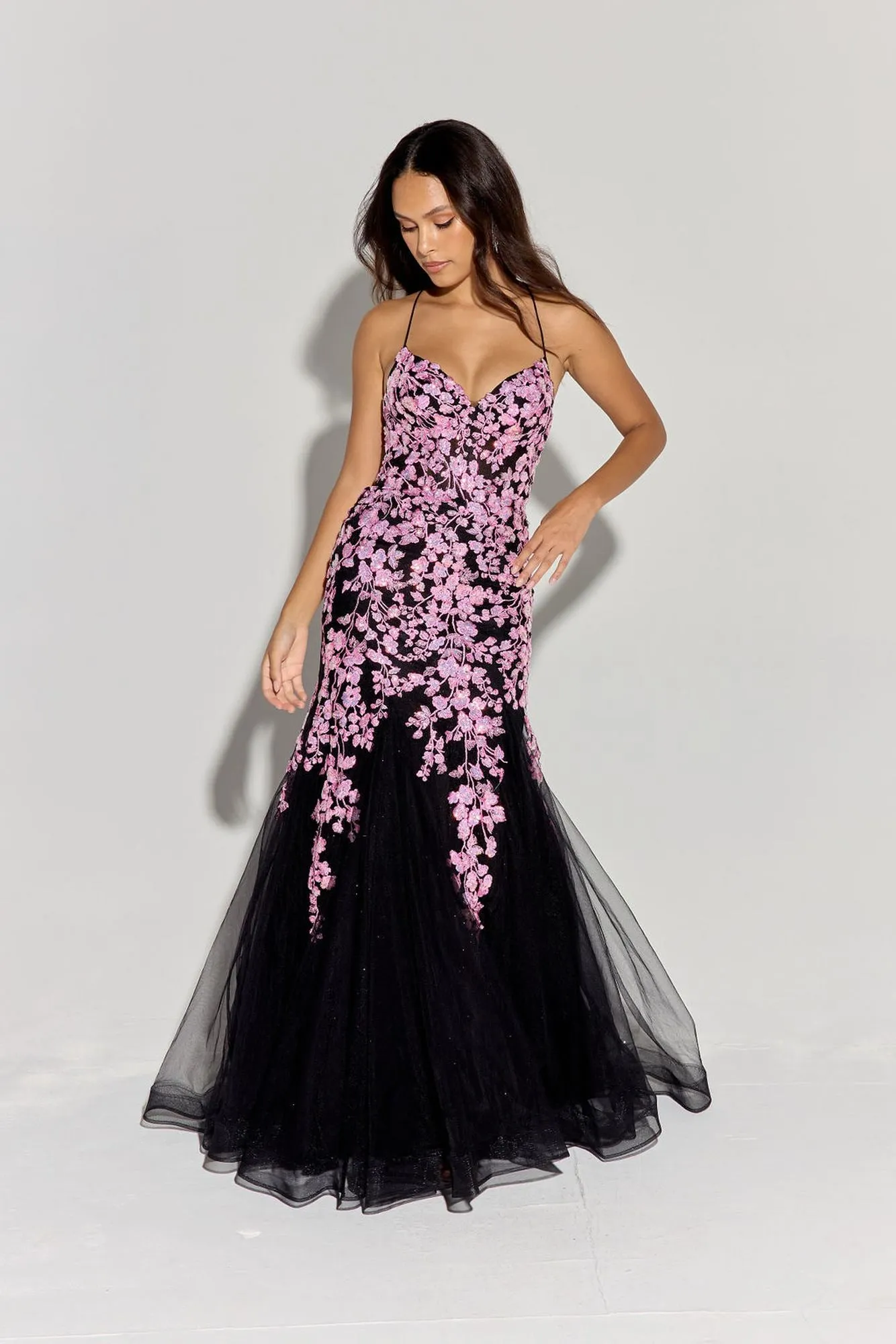 Eureka Fashion 9696 Long Mermaid Open Corset Back Iridescent Sequin Gown