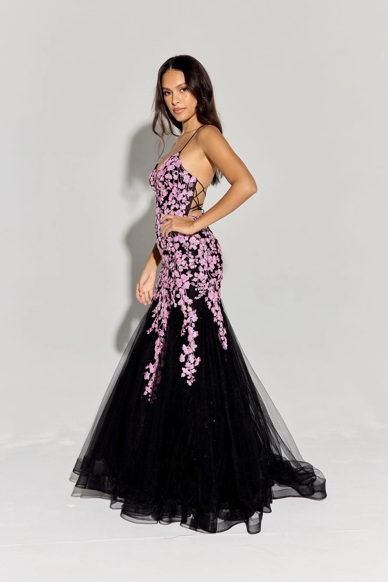 Eureka Fashion 9696 Long Mermaid Open Corset Back Iridescent Sequin Gown