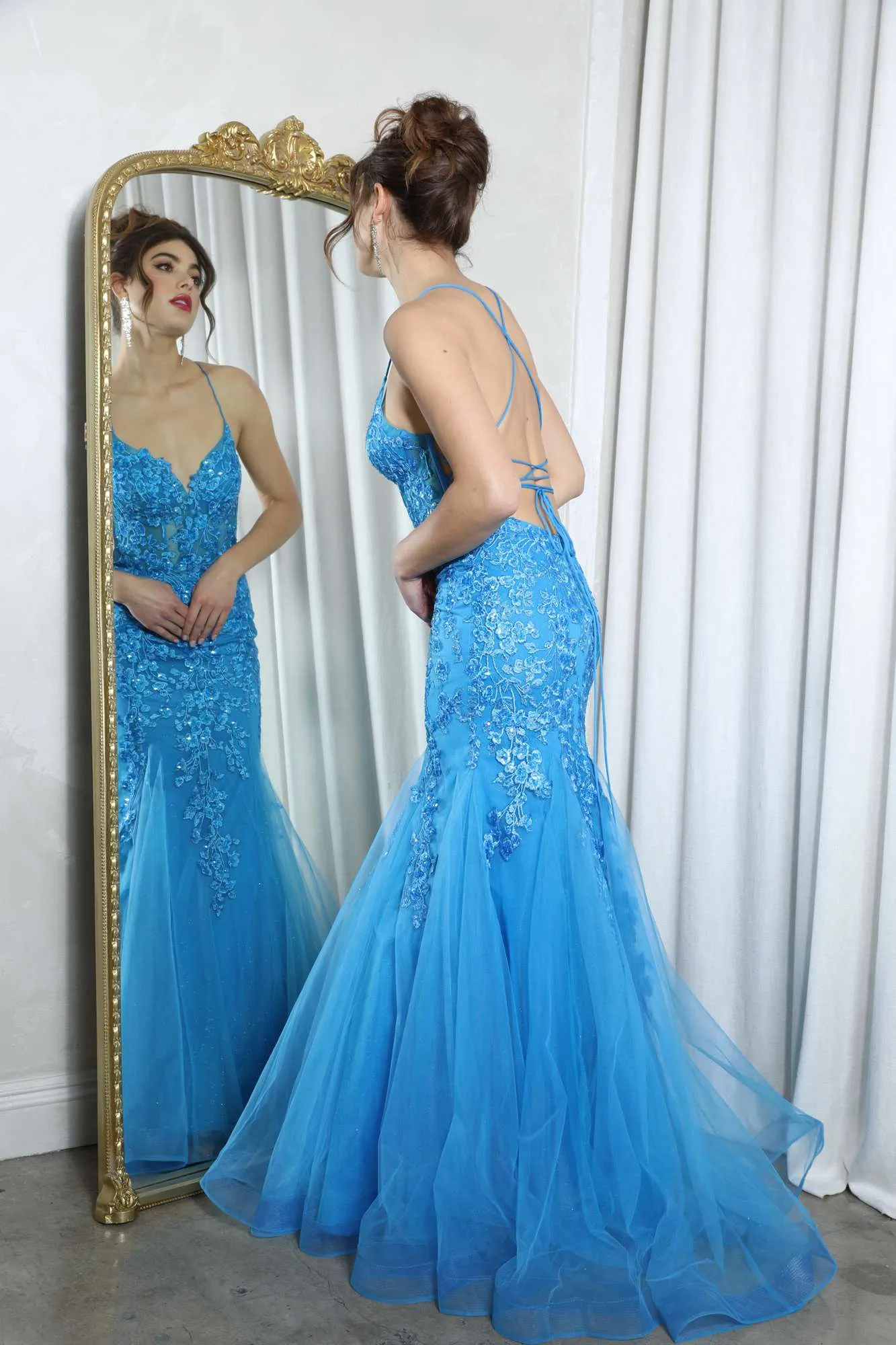 Eureka Fashion 9696 Long Mermaid Open Corset Back Iridescent Sequin Gown