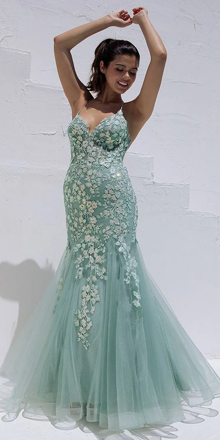 Eureka Fashion 9696 Long Mermaid Open Corset Back Iridescent Sequin Gown