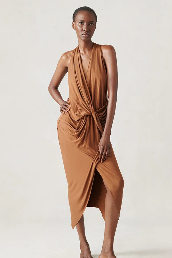 Fall Jersey V Neck Draped Dress