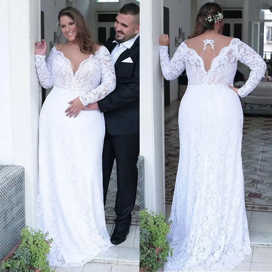 Fashionable Jeweled Neckline Sheath/Column Plus Size Bridal Dress With Beading And Open Back