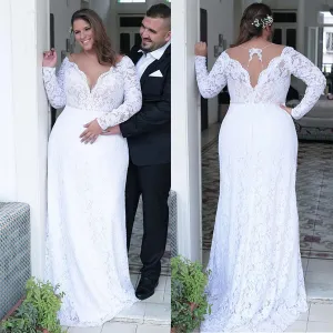 Fashionable Jeweled Neckline Sheath/Column Plus Size Bridal Dress With Beading And Open Back