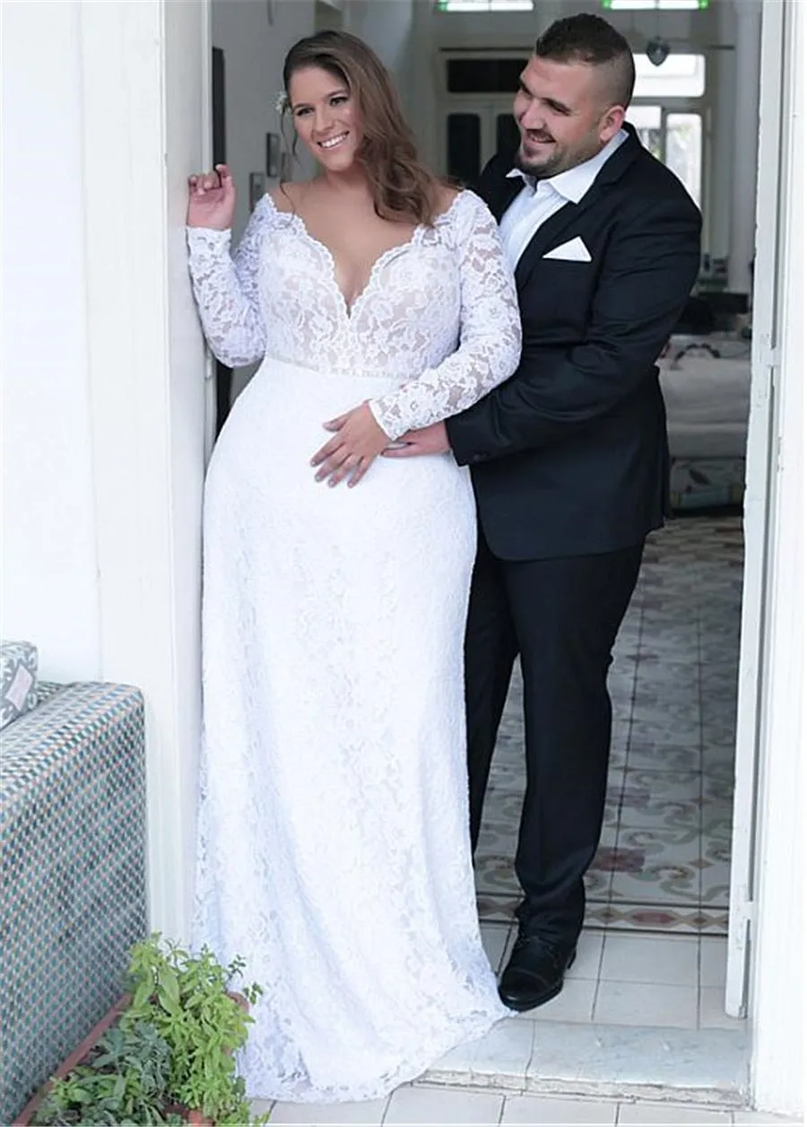 Fashionable Jeweled Neckline Sheath/Column Plus Size Bridal Dress With Beading And Open Back