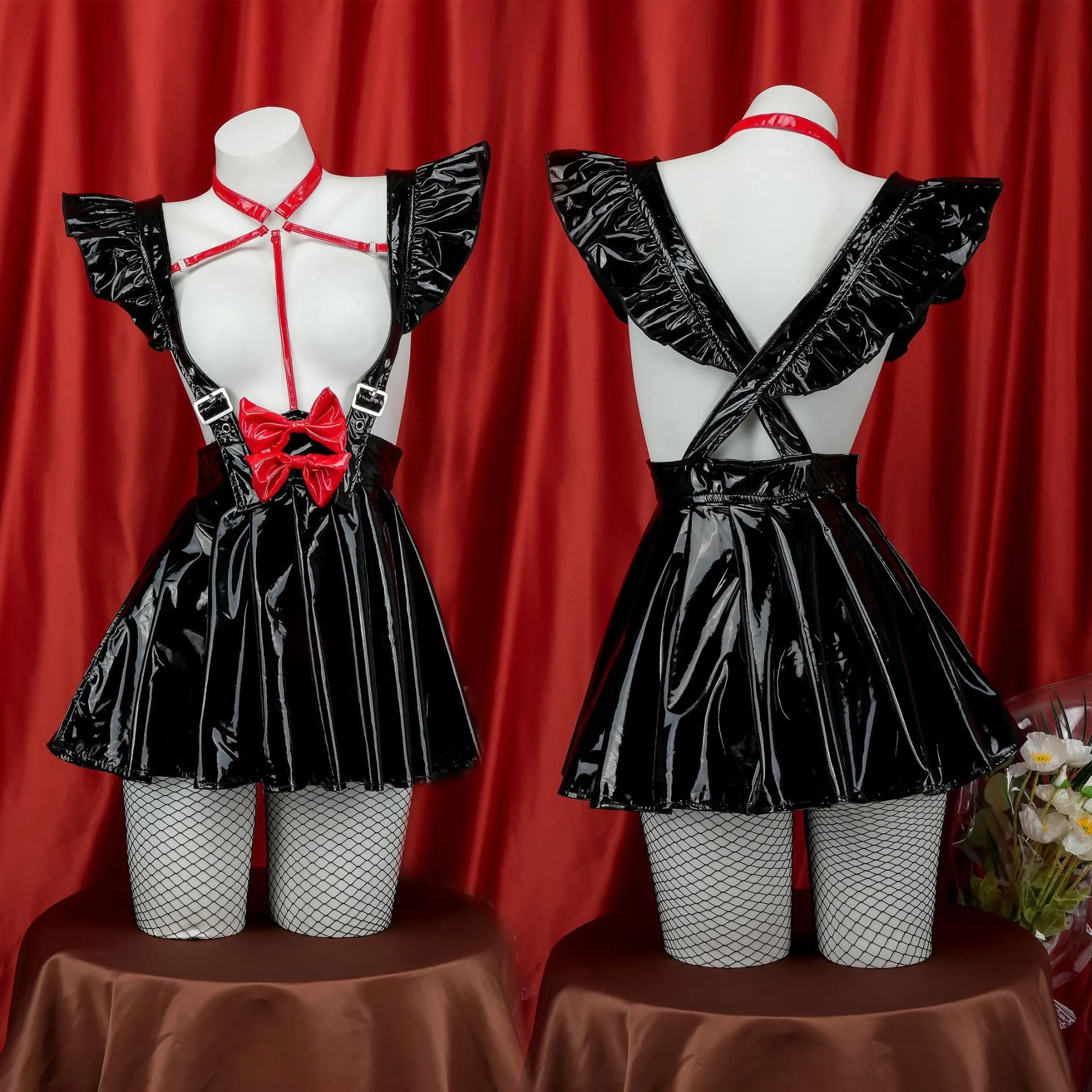 Faux Leather Red Bow Strap Skirt