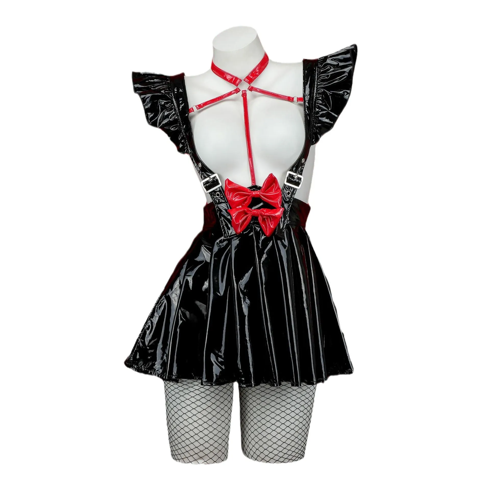 Faux Leather Red Bow Strap Skirt