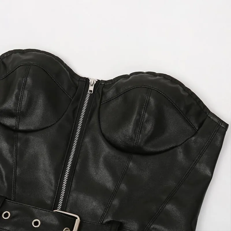 Faux Leather Women's Crop Top with Belt