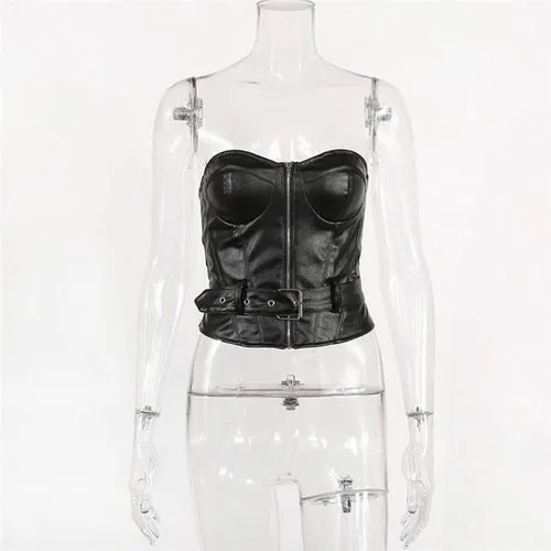 Faux Leather Women's Crop Top with Belt
