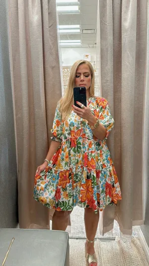 Floral orange-blue metallic gold striped dress