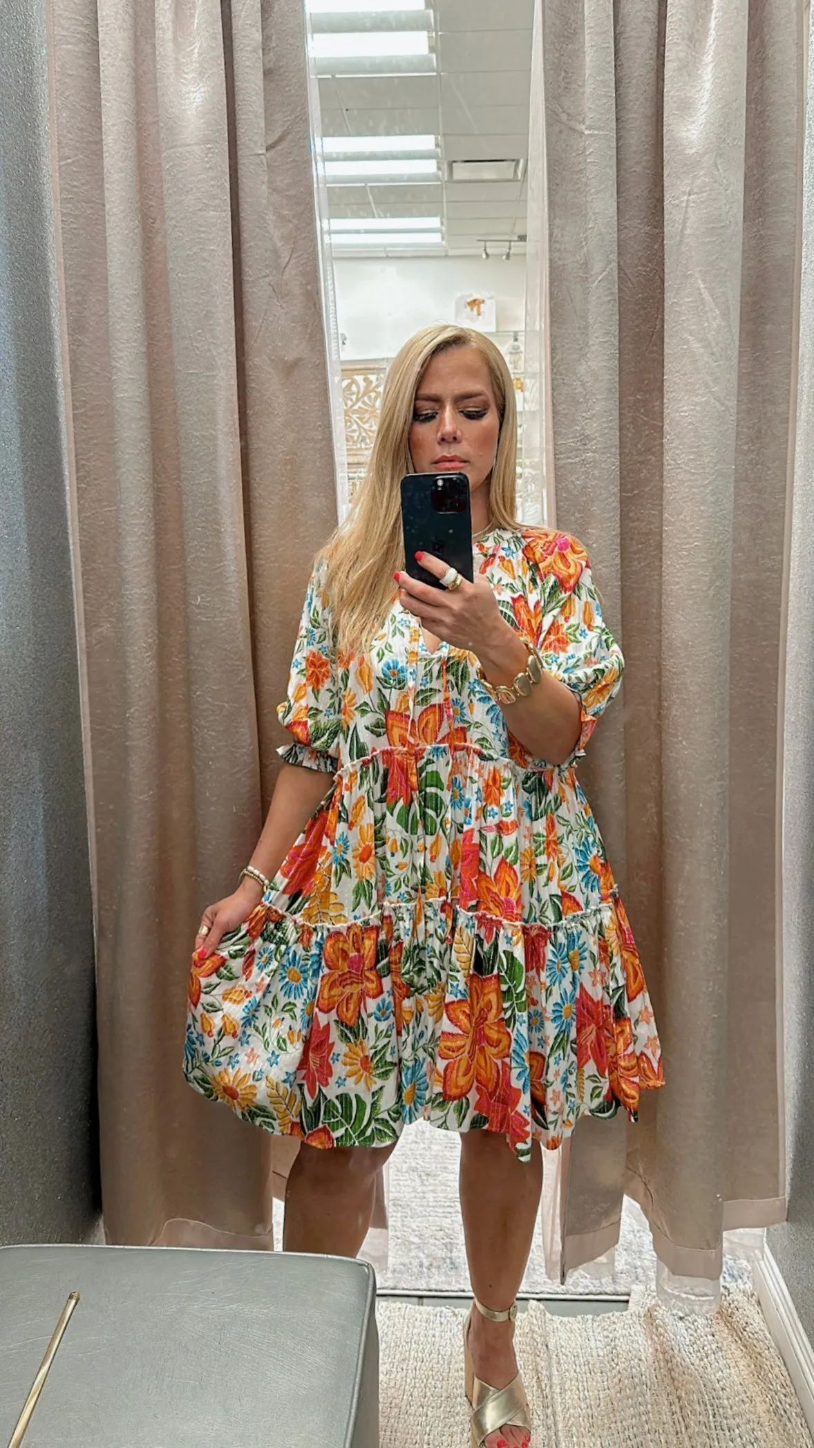 Floral orange-blue metallic gold striped dress