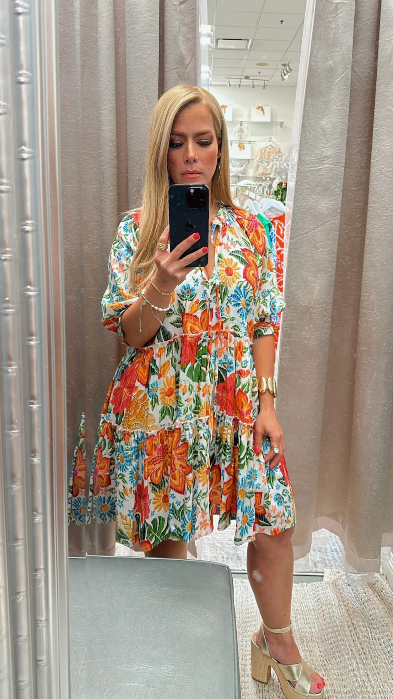 Floral orange-blue metallic gold striped dress