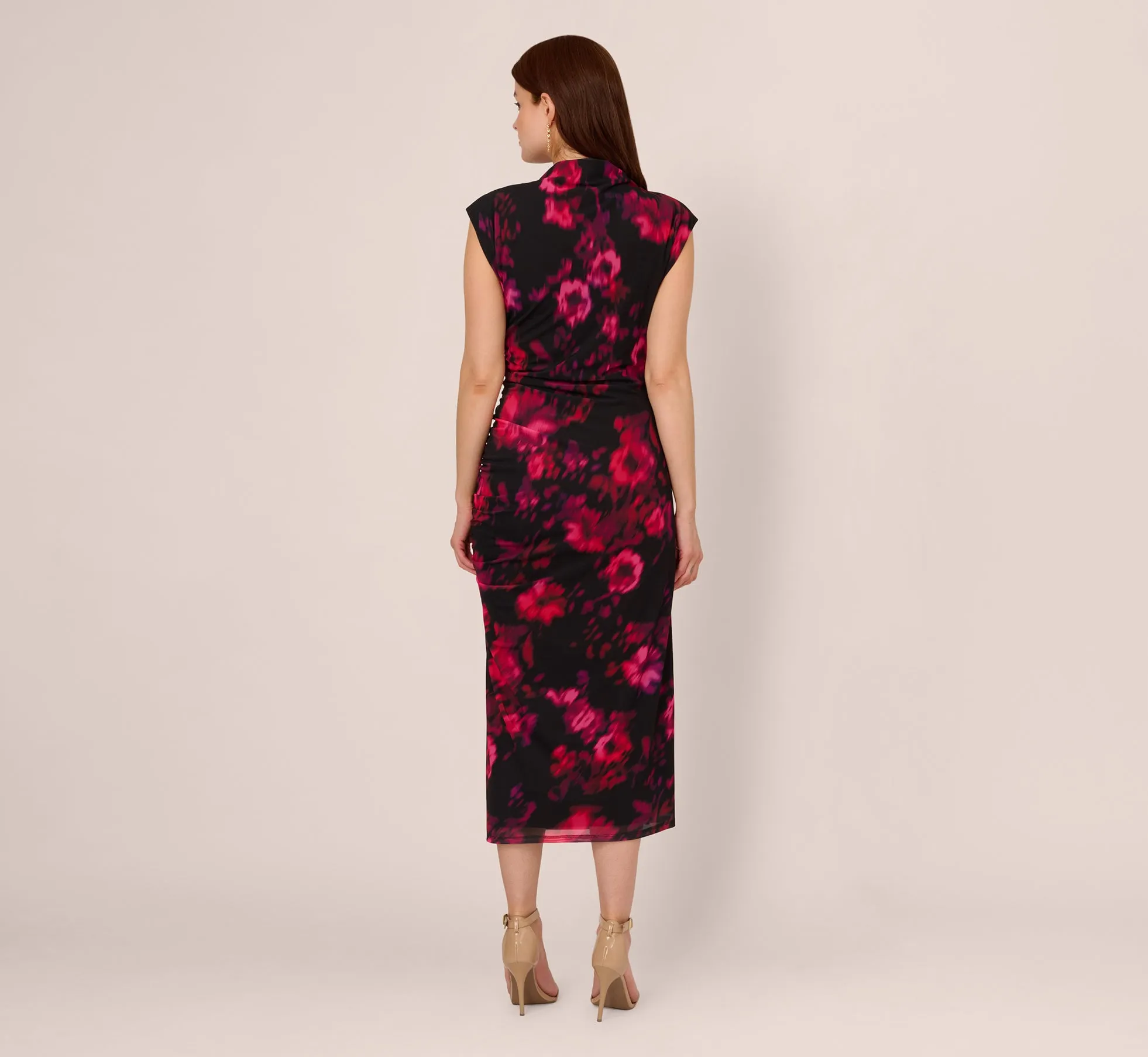 Floral Print Jersey Ankle Length Dress With Draped Details In Black Pink Multi