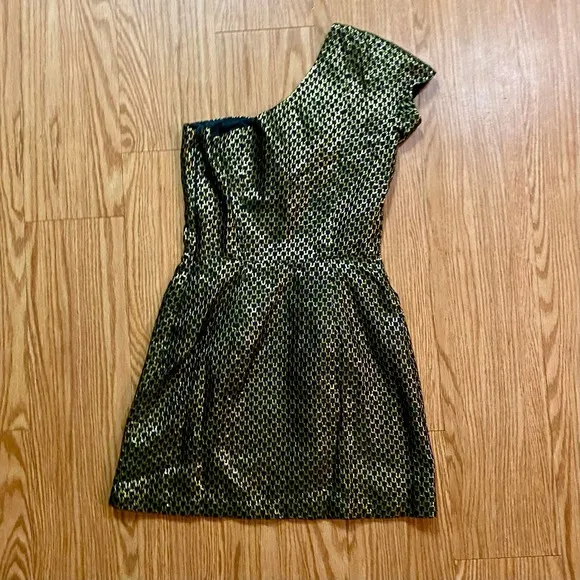 French Connection One Shoulder Gold Metallic Mini Cocktail Dress Womens 6