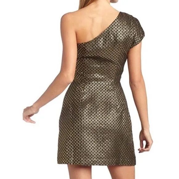 French Connection One Shoulder Gold Metallic Mini Cocktail Dress Womens 6