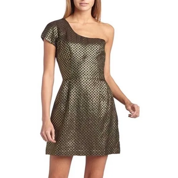 French Connection One Shoulder Gold Metallic Mini Cocktail Dress Womens 6