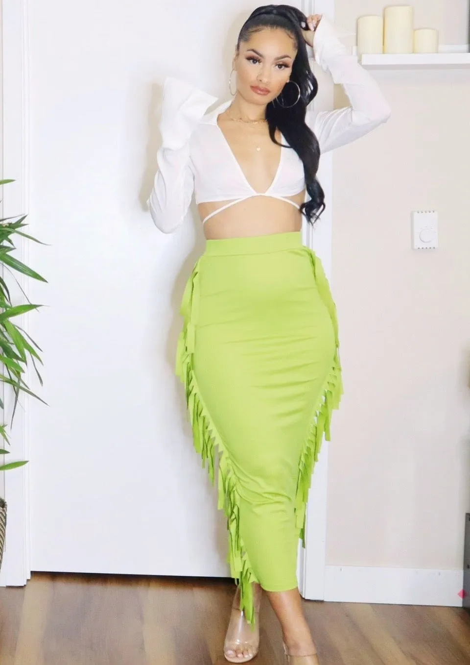Fringe High-Waisted Skirt (Green)