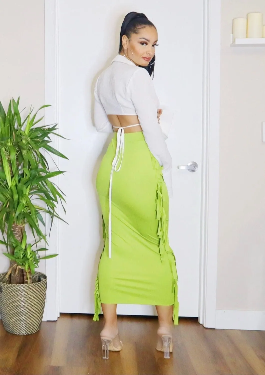 Fringe High-Waisted Skirt (Green)