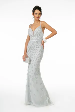 GL 2917 - Glittery Fit & Flare Prom Gown with Spaghetti Straps V-Neck & Open Back