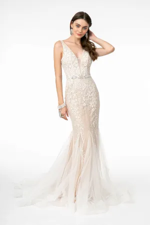 GL 2985 - Illusion V-Neck Glitter Print Fit & Flare Gown with V-Back Rhinestone Belt & Tulle Inserted Trumpet Skirt
