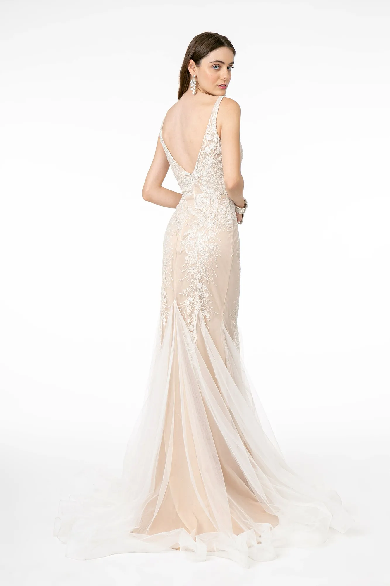 GL 2985 - Illusion V-Neck Glitter Print Fit & Flare Gown with V-Back Rhinestone Belt & Tulle Inserted Trumpet Skirt