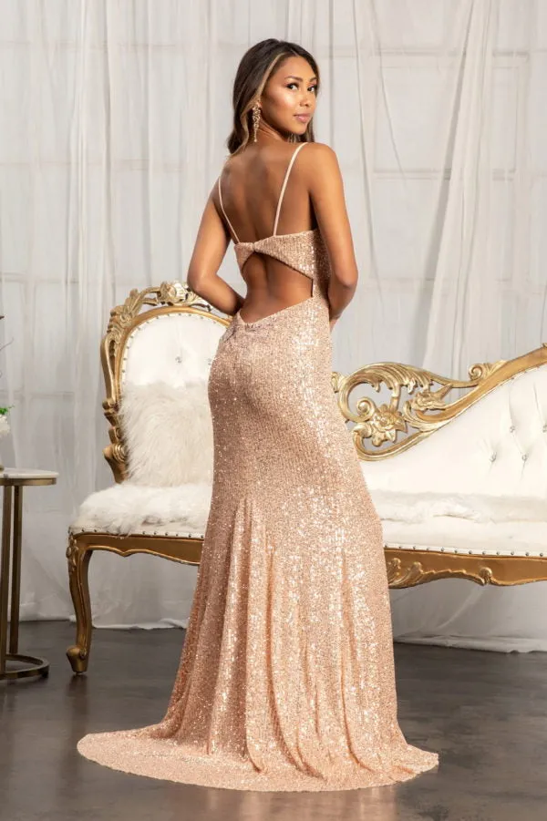 GL 3023 - Sequin Embroidered Fit & Flare Prom Gown with Sweetheart Neckline Leg Slit & Open Back