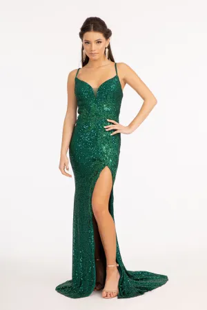 GL 3023 - Sequin Embroidered Fit & Flare Prom Gown with Sweetheart Neckline Leg Slit & Open Back