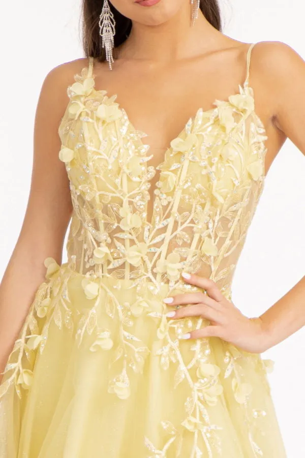 GL 3034 - Shimmer Tulle A-Line Prom Gown with Sheer Boned Beaded 3D Floral Appliqued Bodice Leg Slit & Open Corset Back