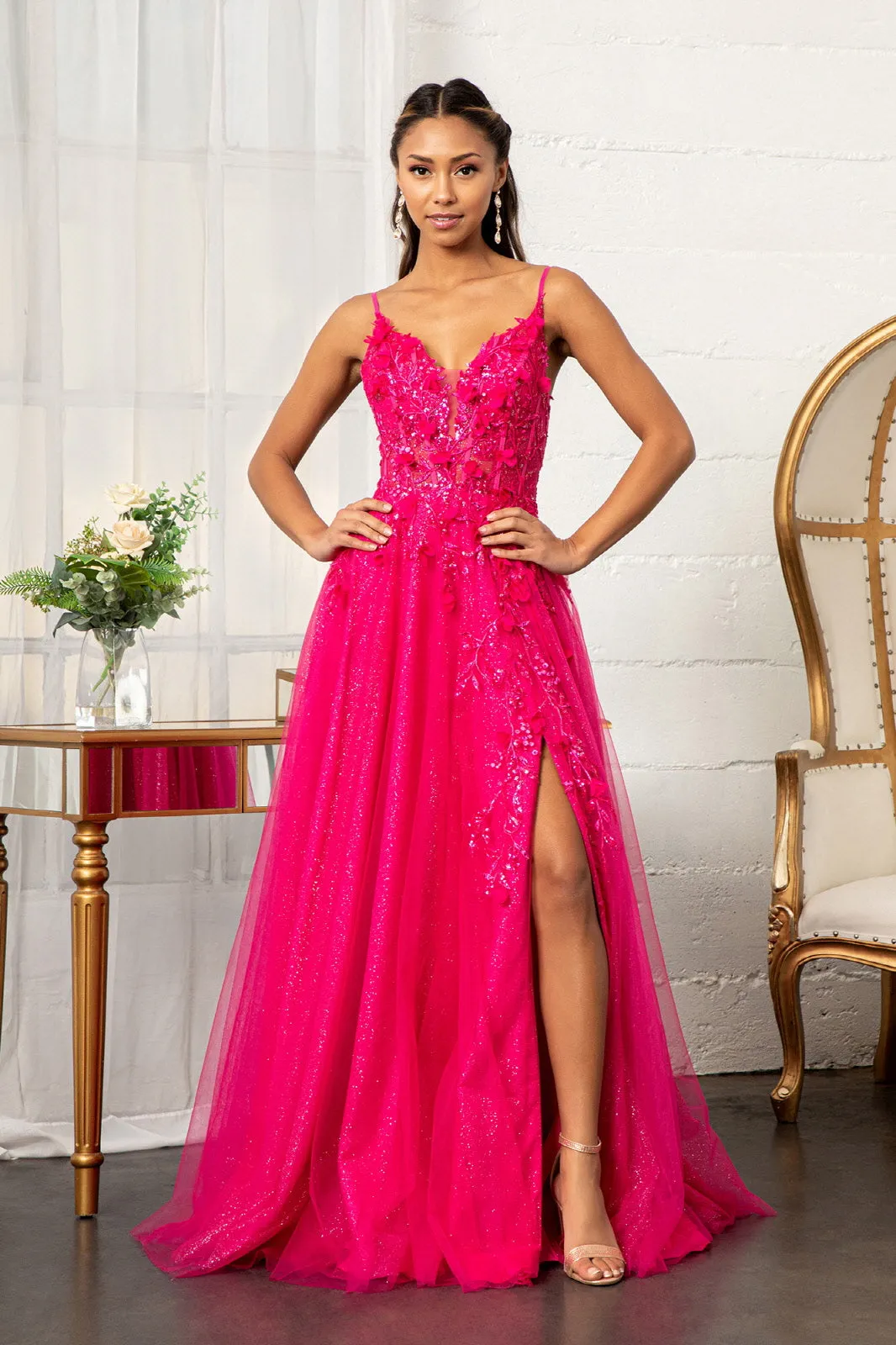 GL 3034 - Shimmer Tulle A-Line Prom Gown with Sheer Boned Beaded 3D Floral Appliqued Bodice Leg Slit & Open Corset Back