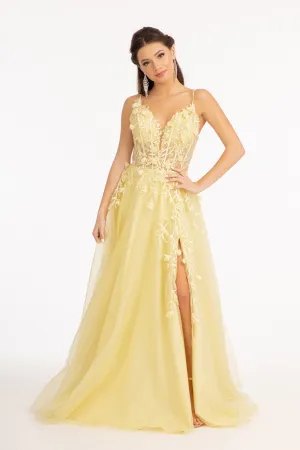 GL 3034 - Shimmer Tulle A-Line Prom Gown with Sheer Boned Beaded 3D Floral Appliqued Bodice Leg Slit & Open Corset Back