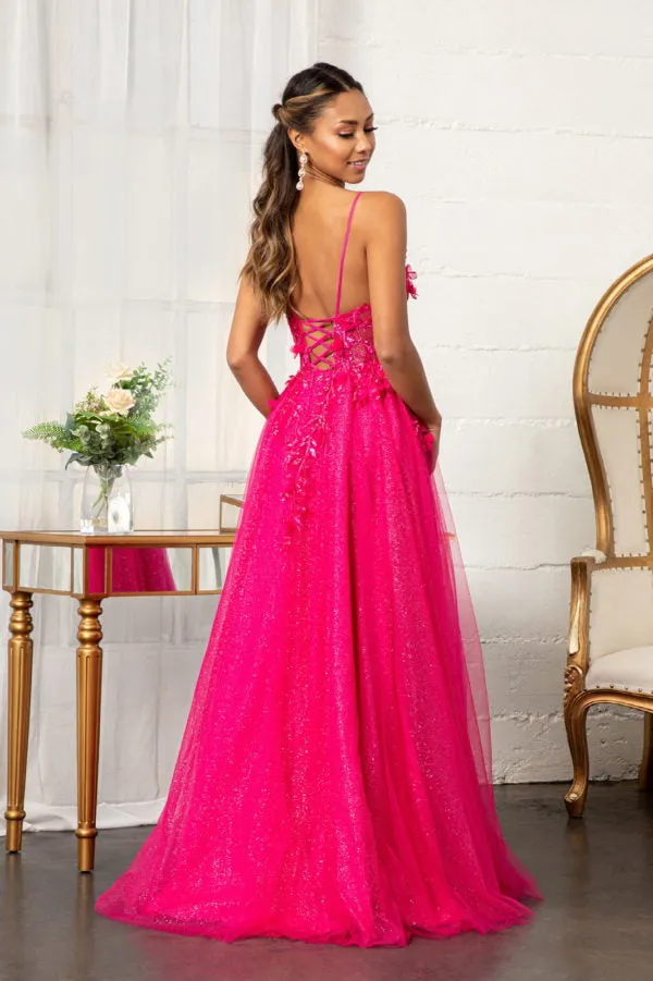 GL 3034 - Shimmer Tulle A-Line Prom Gown with Sheer Boned Beaded 3D Floral Appliqued Bodice Leg Slit & Open Corset Back