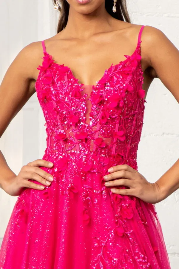GL 3034 - Shimmer Tulle A-Line Prom Gown with Sheer Boned Beaded 3D Floral Appliqued Bodice Leg Slit & Open Corset Back