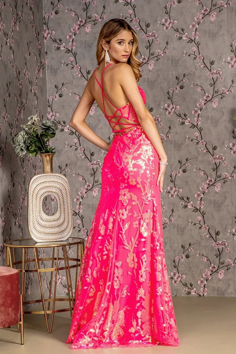 GL 3219 - Iridescent Sequin Printed Fit & Flare Prom Gown with Boned Corset Bodice Open Lace Up Corset Back & Leg Slit