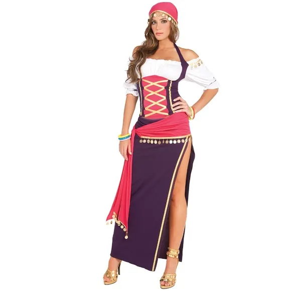 Gypsy Fortune Teller Costume Top Skirt Sash Head Scarf Bracelets Set