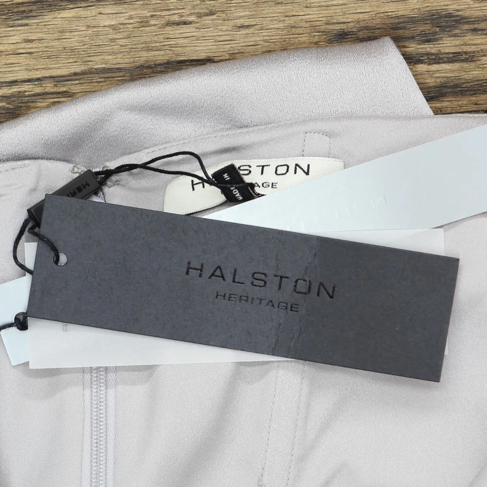 Halston HERITAGE Sleeveless Deep V Neck Draped Satin Gown Dress Fog Gray 8
