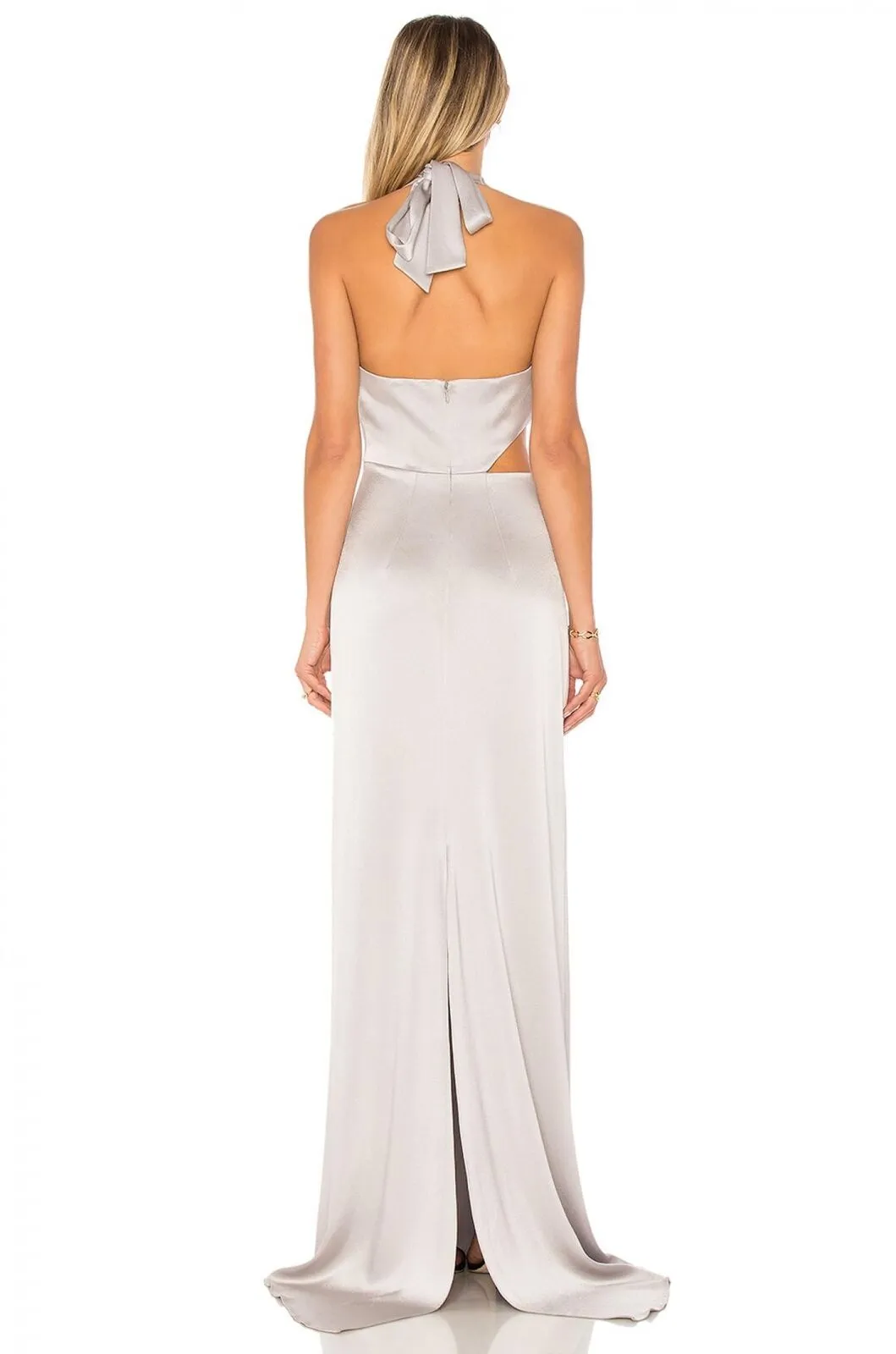 Halston HERITAGE Sleeveless Deep V Neck Draped Satin Gown Dress Fog Gray 8