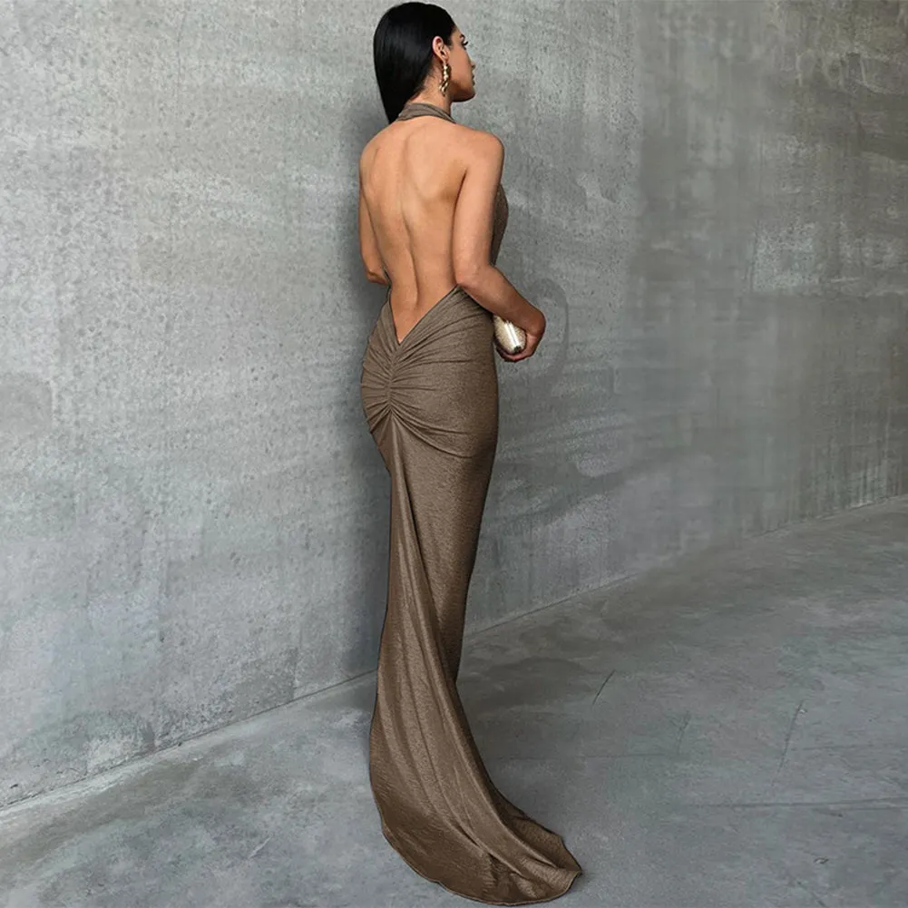 Halter Pleated Open Back Evening Gown