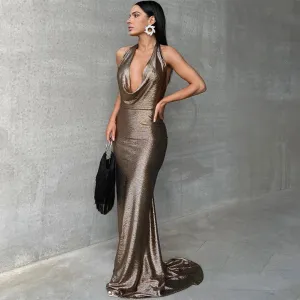 Halter Pleated Open Back Evening Gown