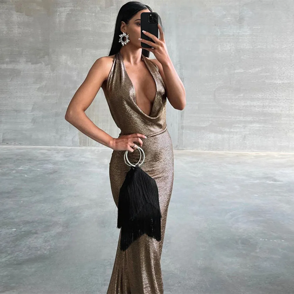 Halter Pleated Open Back Evening Gown