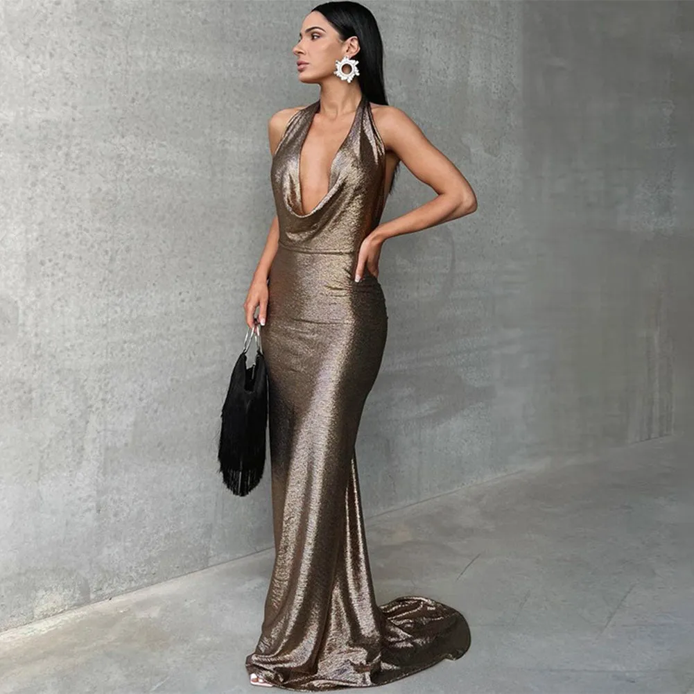 Halter Pleated Open Back Evening Gown