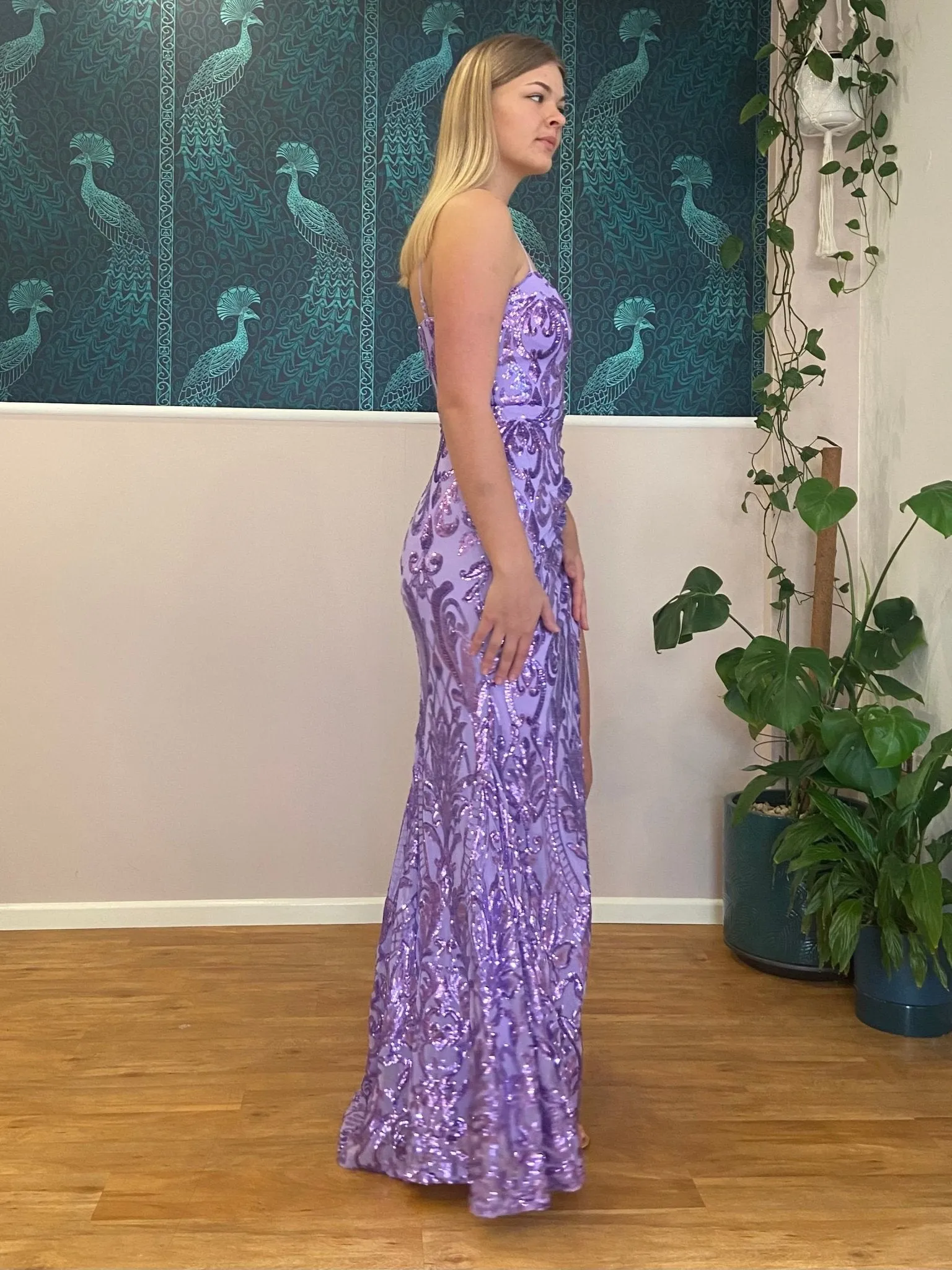 Harmony purple sequin ball gown with split s6-8 Express NZ wide