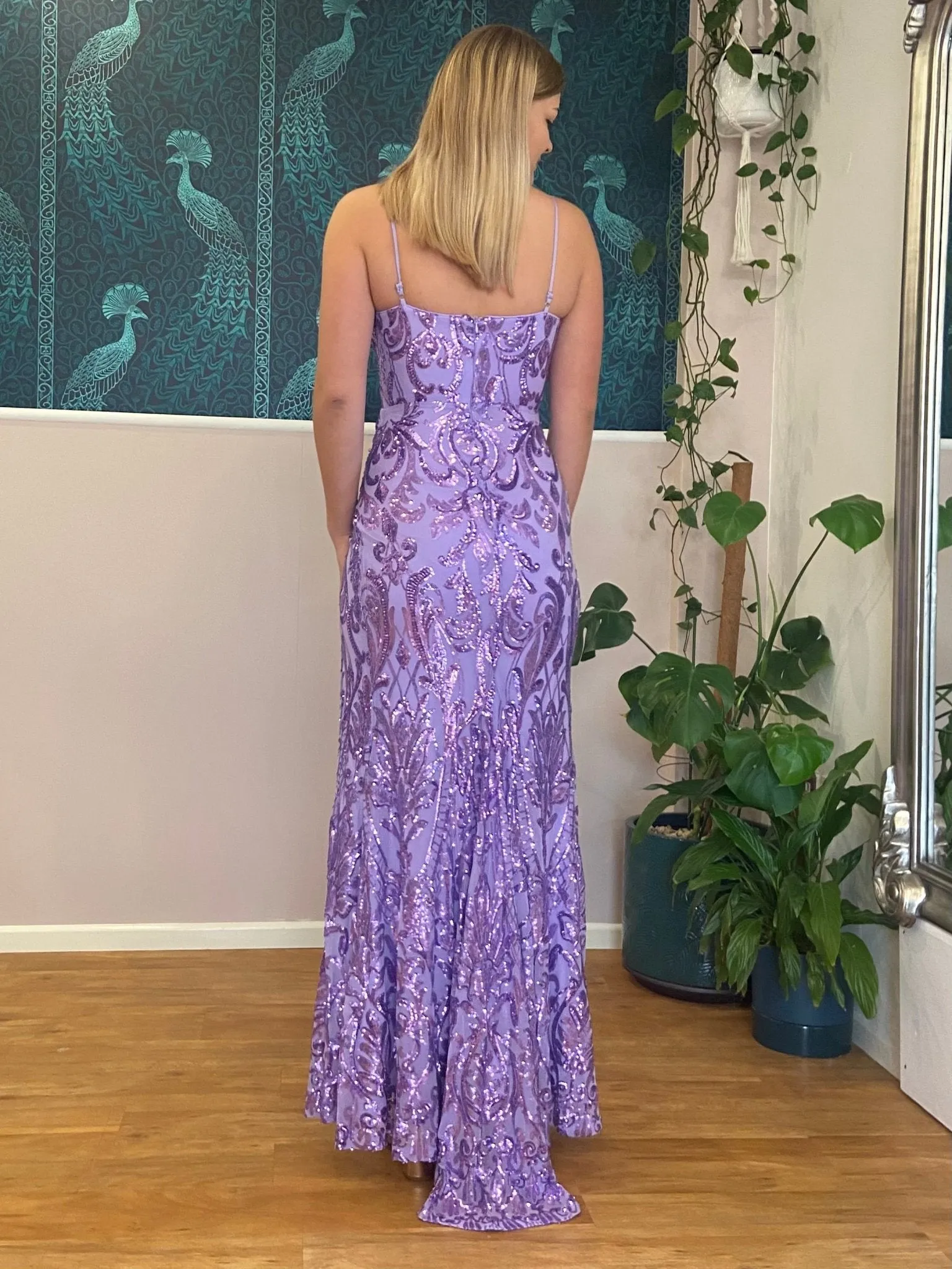 Harmony purple sequin ball gown with split s6-8 Express NZ wide