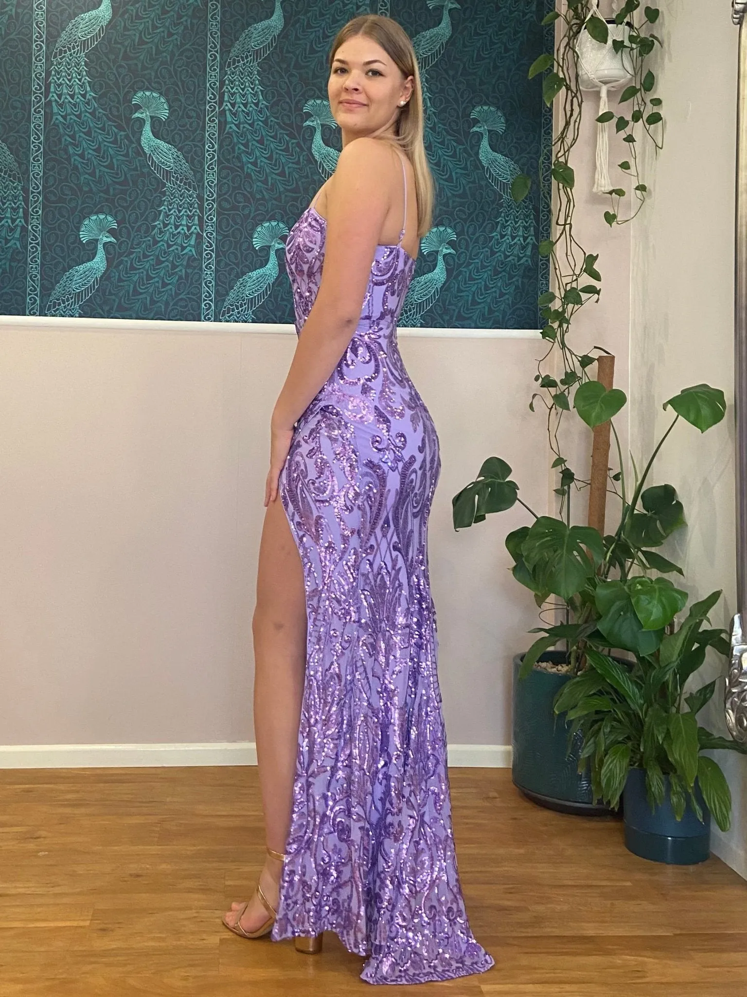 Harmony purple sequin ball gown with split s6-8 Express NZ wide